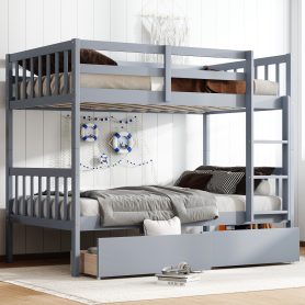 Twin Over Twin Rubber Wood Bunk Bed with 2 Drawers, Convertible into 2 Twin Beds