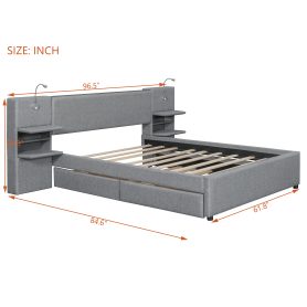 Queen Size Upholstered Platform Bed with Reading Lights, Drawers, Trundle and Shelves