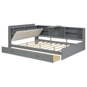 Wood Full Size Platform Bed With Storage Headboard, Shelves And 2 Drawers