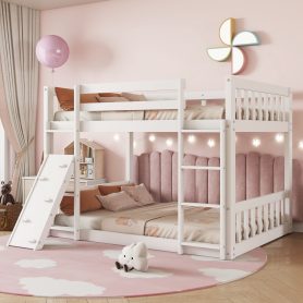 Twin Over Twin Floor Bunk Bed With Climbing Ramp, Ladder, Safety Guardrails