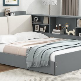 Wood Full Size Platform Bed With Storage Headboard, Shelves And 2 Drawers