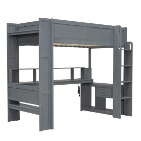 Wood Twin Size Gaming Loft Bed with Desk, Multi-storage Shelves, LED and Charging Station