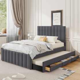 Full Size Upholstered Platform Bed With Twin Size Trundle And 3 Drawers