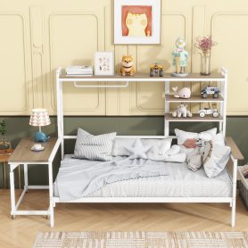 Twin Size Metal Daybed With Movable Desk, Metal Grid, Shelves And Clothes Hanger 20 Twin Size Metal Daybed With Movable Desk, Metal Grid, Shelves And Clothes Hanger