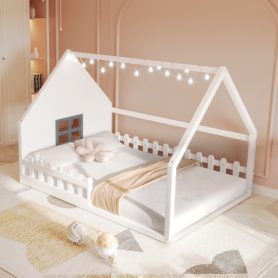 Full Size Wood House Bed with Window and Fence