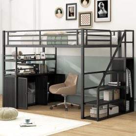 Full Size Metal Loft Bed with Storage Staircase and Wardrobe, Shelves and Lockers