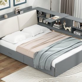Wood Full Size Platform Bed With Storage Headboard, Shelves And 2 Drawers