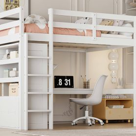 Wood Full Size Loft Bed with Built-in Wardrobe, Desk, Storage Shelves and Drawers