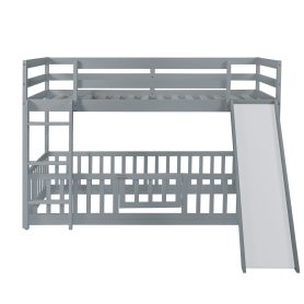 Twin Over Twin Floor Bunk Bed With Slide, Ladder, Door and Safety Guardrails