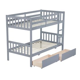 Twin Over Twin Rubber Wood Bunk Bed with 2 Drawers, Convertible into 2 Twin Beds