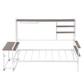 Twin Size Metal Daybed With Movable Desk, Metal Grid, Shelves And Clothes Hanger 29 Twin Size Metal Daybed With Movable Desk, Metal Grid, Shelves And Clothes Hanger