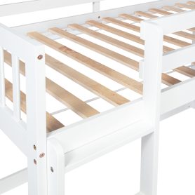 Twin Over Twin Floor Bunk Bed With Climbing Ramp, Ladder, Safety Guardrails