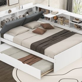 Wood Full Size Platform Bed with Trundle, Shelves and Storage Headboard