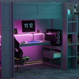 Wood Twin Size Gaming Loft Bed with Desk, Multi-storage Shelves, LED and Charging Station