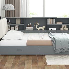 Wood Full Size Platform Bed With Storage Headboard, Shelves And 2 Drawers
