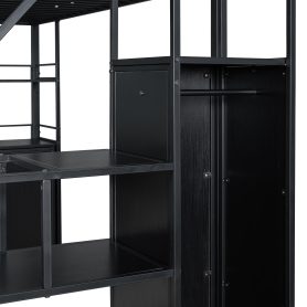 Full Size Metal Loft Bed with Storage Staircase and Wardrobe, Shelves and Lockers