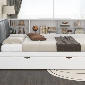 Wood Full Size Platform Bed with Trundle, Shelves and Storage Headboard