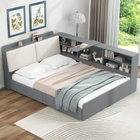 Wood Full Size Platform Bed With Storage Headboard, Shelves And 2 Drawers