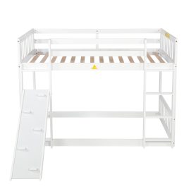 Twin Over Twin Floor Bunk Bed With Climbing Ramp, Ladder, Safety Guardrails