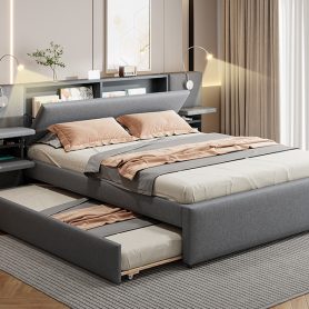 Queen Size Upholstered Platform Bed with Reading Lights, Drawers, Trundle and Shelves