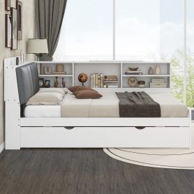 Wood Full Size Platform Bed with Trundle, Shelves and Storage Headboard