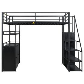 Full Size Metal Loft Bed with Storage Staircase and Wardrobe, Shelves and Lockers