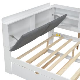 Wood Full Size Platform Bed with Trundle, Shelves and Storage Headboard