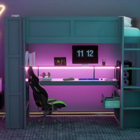 Wood Twin Size Gaming Loft Bed with Desk, Multi-storage Shelves, LED and Charging Station