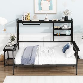 Full Size Metal Daybed With Movable Desk, Metal Grid, Shelves And Clothes Hanger