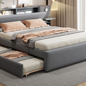 Queen Size Upholstered Platform Bed with Reading Lights, Drawers, Trundle and Shelves