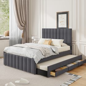 Full Size Upholstered Platform Bed With Twin Size Trundle And 3 Drawers