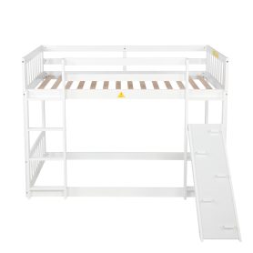 Twin Over Twin Floor Bunk Bed With Climbing Ramp, Ladder, Safety Guardrails