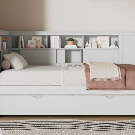 Twin Size Wood Daybed with Storage Shelves, USB and Trundle