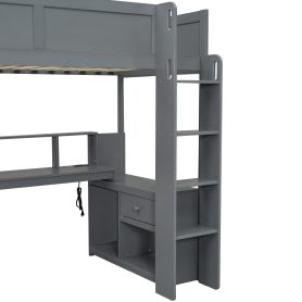 Wood Twin Size Gaming Loft Bed with Desk, Multi-storage Shelves, LED and Charging Station