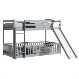 Twin Over Twin Floor Bunk Bed With Slide, Ladder, Door and Safety Guardrails