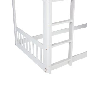 Twin Over Twin Floor Bunk Bed With Climbing Ramp, Ladder, Safety Guardrails