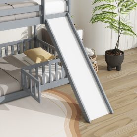 Twin Over Twin Floor Bunk Bed With Slide, Ladder, Door and Safety Guardrails