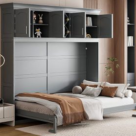 Queen Size Murphy Bed Wall Bed with Top Cabinets & Wine Rack