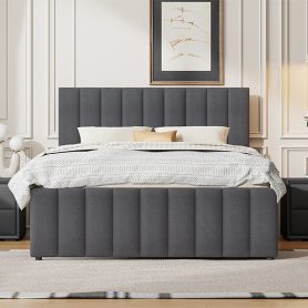 Full Size Upholstered Platform Bed With Twin Size Trundle And 3 Drawers