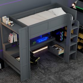 Wood Twin Size Gaming Loft Bed with Desk, Multi-storage Shelves, LED and Charging Station