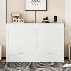 Queen Size Murphy Bed with Drawer and a set of Sockets & USB Ports, Pulley Structure Design