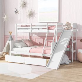 Twin Over Full Bunk Bed With 2 Drawers, Slide, Shelves, and Ladder