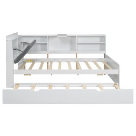Wood Full Size Platform Bed with Trundle, Shelves and Storage Headboard