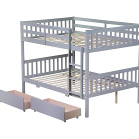 Full Over Full Rubber Wood Bunk Bed With 2 Drawers, Ladder And Safety Guardrails