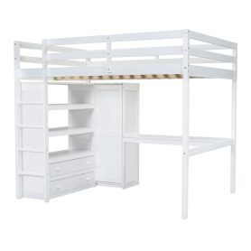 Wood Full Size Loft Bed with Built-in Wardrobe, Desk, Storage Shelves and Drawers