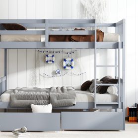 Twin Over Twin Rubber Wood Bunk Bed with 2 Drawers, Convertible into 2 Twin Beds