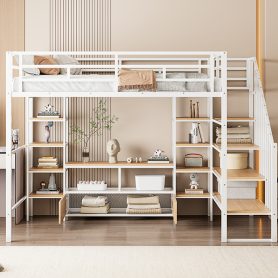 Full Size Metal Loft Bed with Staircase,Low Storage Table and Storage Shelves