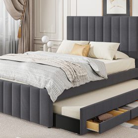 Full Size Upholstered Platform Bed With Twin Size Trundle And 3 Drawers