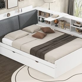 Wood Full Size Platform Bed with Trundle, Shelves and Storage Headboard