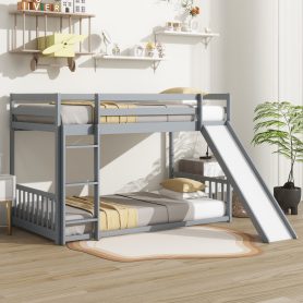 Twin Over Twin Floor Bunk Bed With Slide, Ladder, Door and Safety Guardrails
